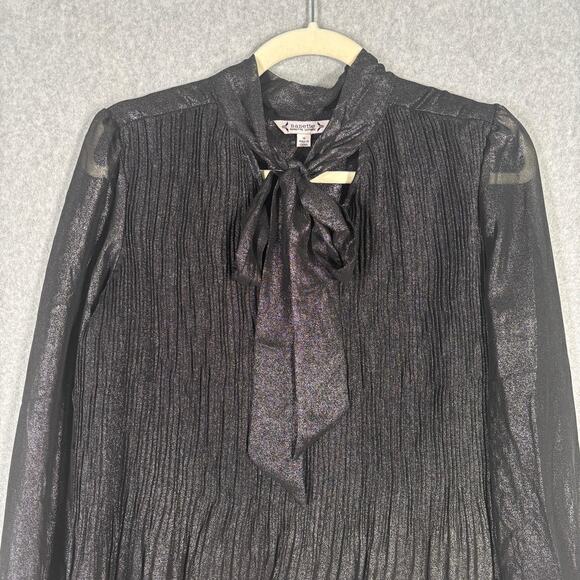 Nanette Lepore Blouse Small Metallic Sheer Sleeve Neck Bow Tie Cord Pleated - Picture 3 of 13
